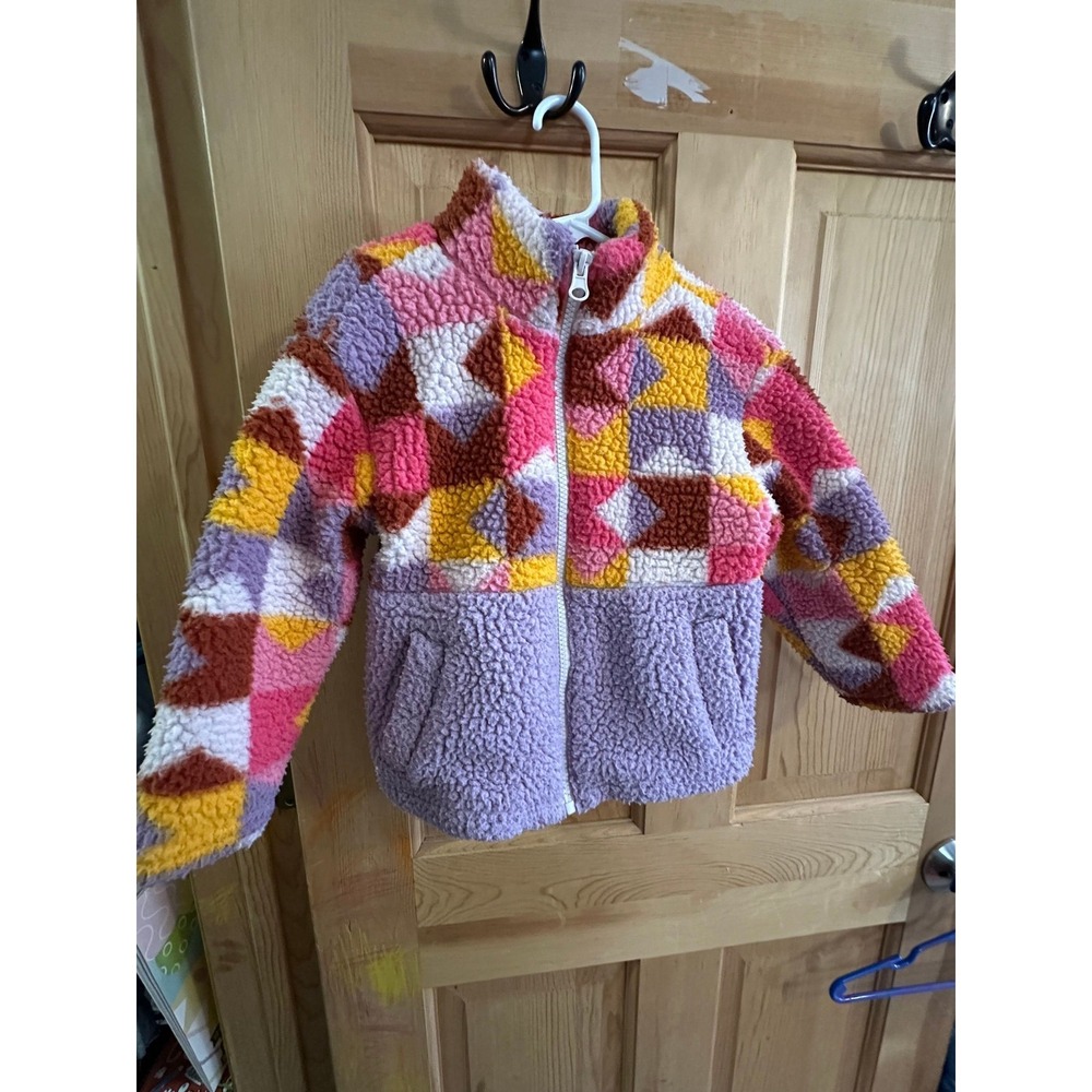A11: Cat & Jack Sherpa Fleece Jacket Girls XS 4/5 Purple Pink Geo Cozy Zip Up